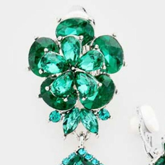 Flower Emerald Green Crystal Teardrop Dangle Clip on Earrings  NWT - Picture 2 of 6